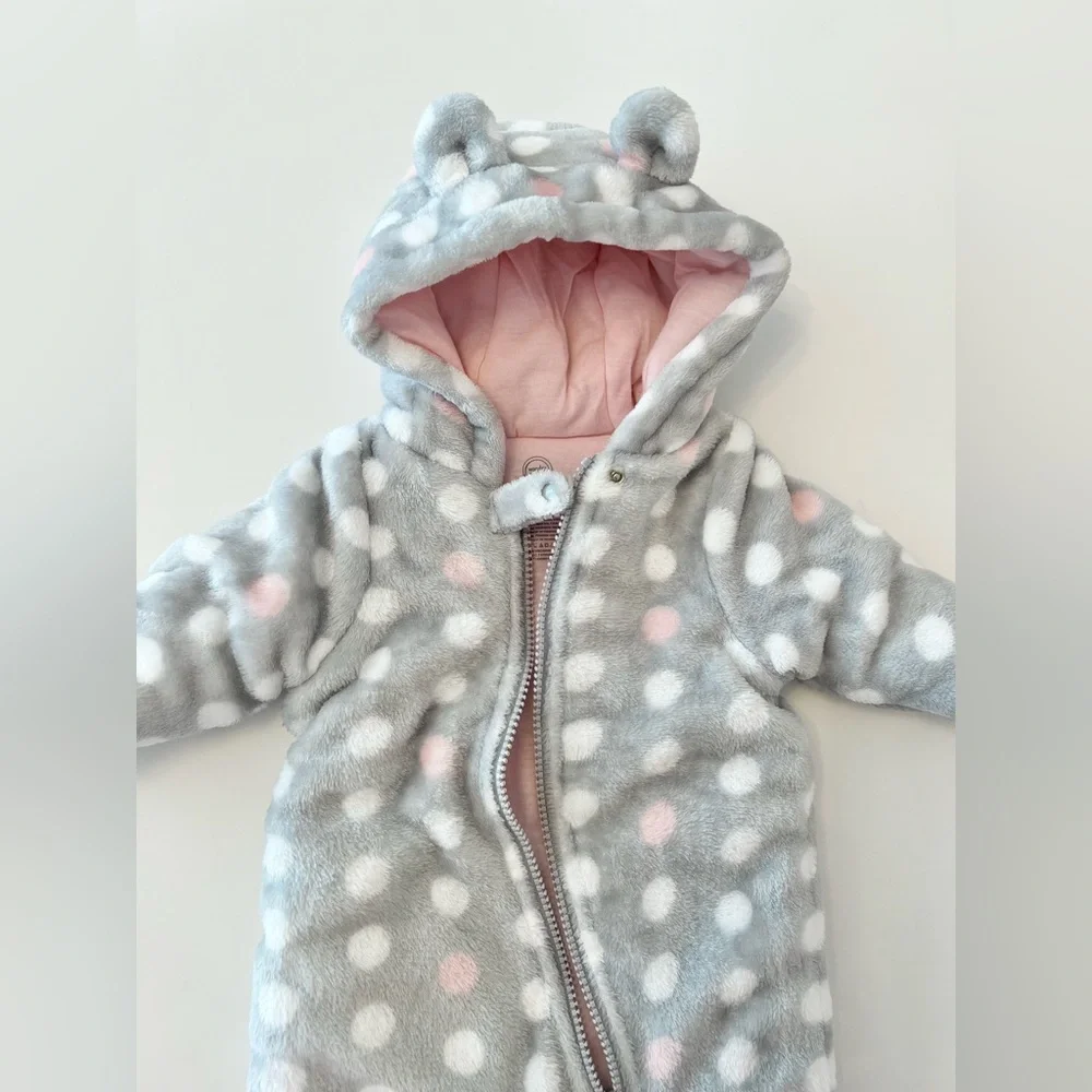 Wonder Nation Baby Girl Plush Zip-Up Bunting Suit White & Pink Polka Dot 0-3 MTH - Picture 2 of 5